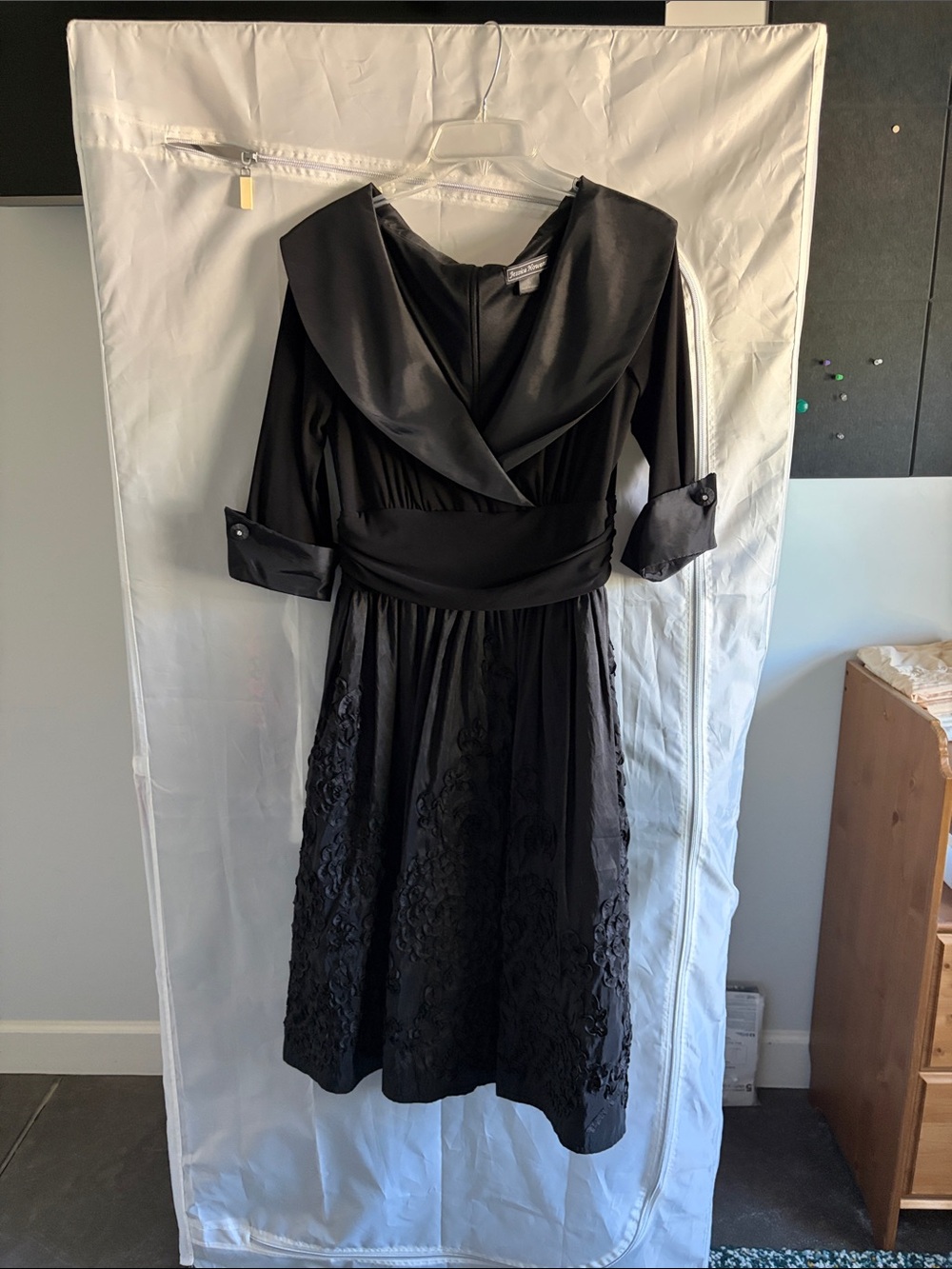 Black V-Neck Satin Portrait Collar Fit-and-Flare Dress - size 10